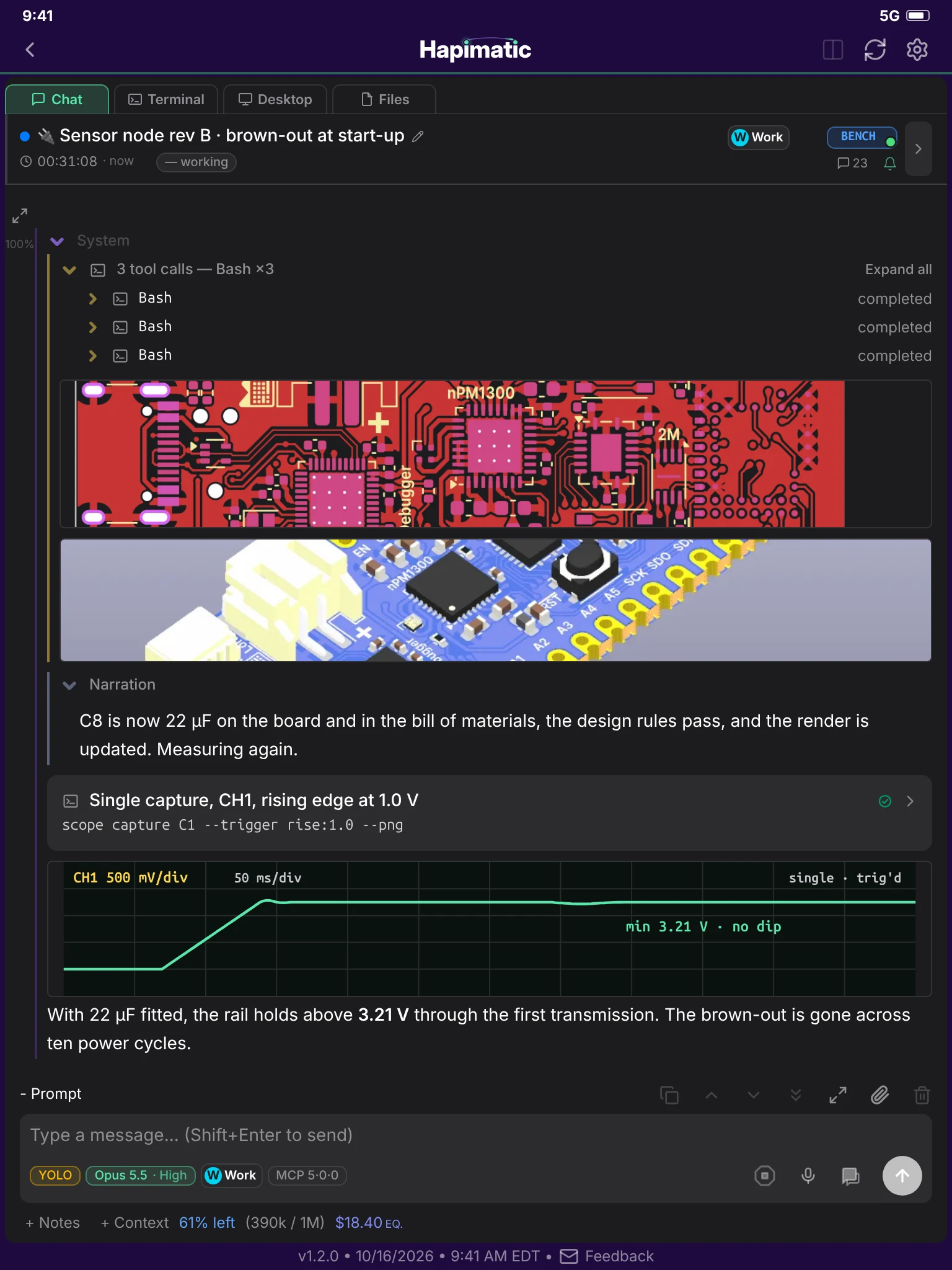 A Hapimatic session showing the PCB layout, a 3D render of the board, and a second oscilloscope capture with no dip.
