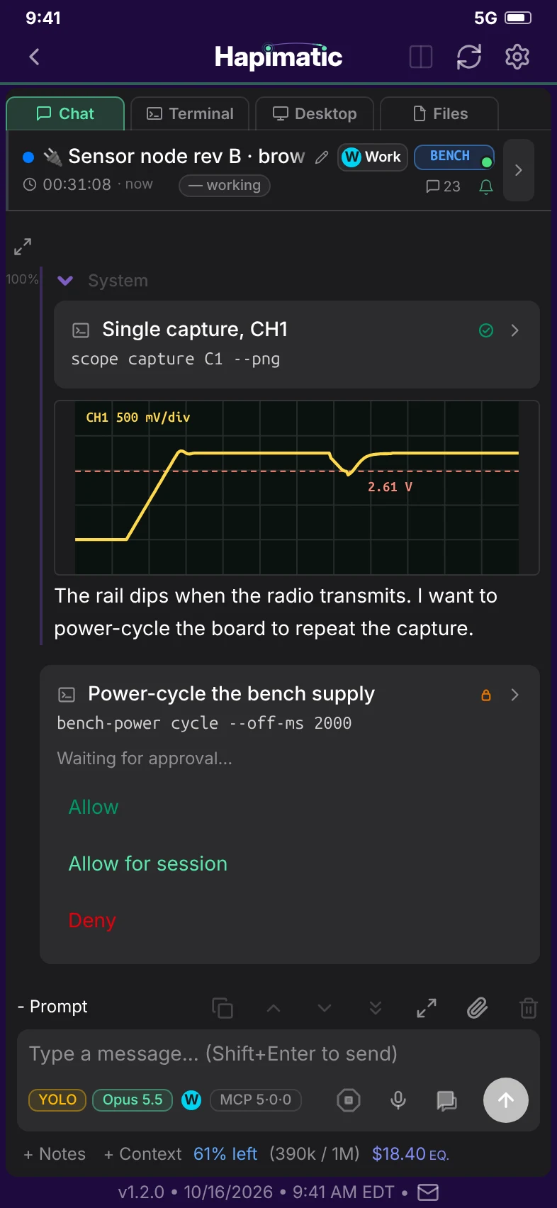 Hapimatic on a phone: an oscilloscope capture, and a request for approval before the bench supply is switched.