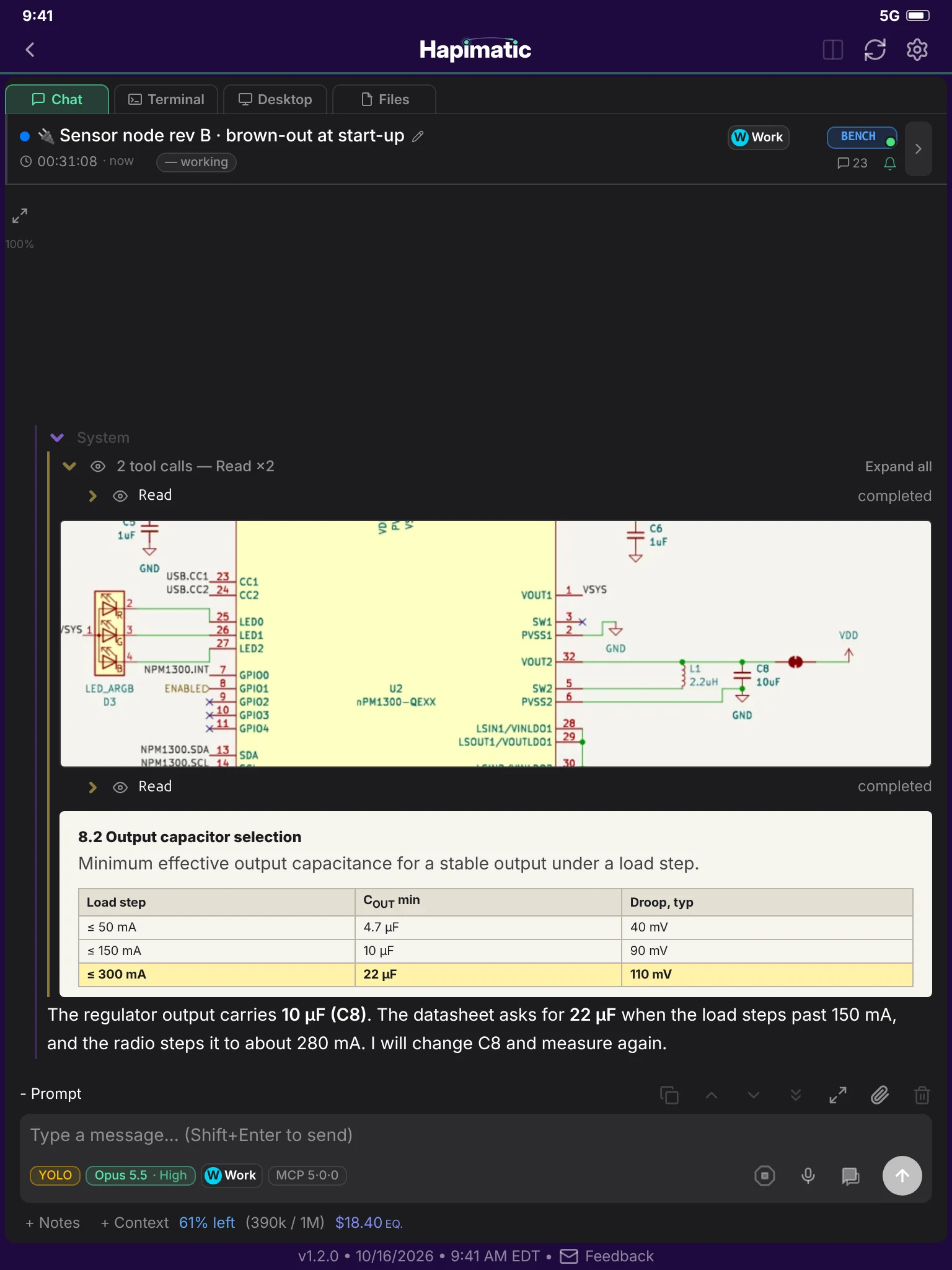 A Hapimatic session showing a schematic of the power circuit beside a datasheet table for output capacitor selection.