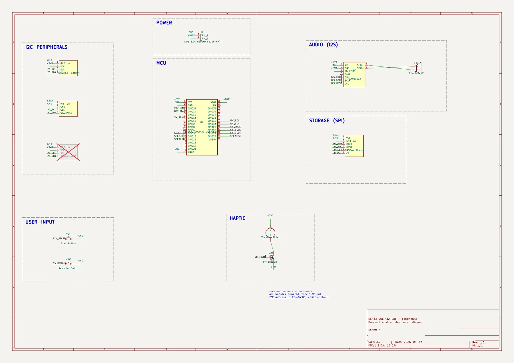 A KiCad schematic sheet with blocks for power, the microcontroller, audio, storage, user input, and haptics; the title block is cleared.