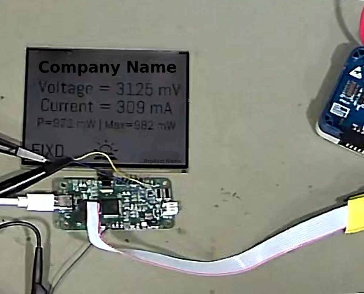The same display after the fix with a steady reading; the company name and unit id are replaced by placeholders.
