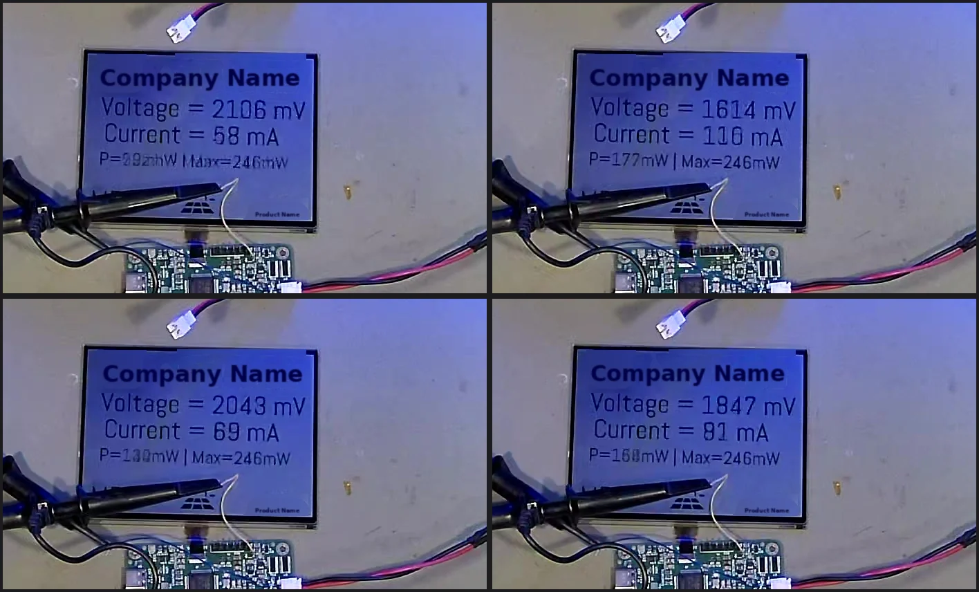 Four frames of the demo's display about a second apart, the power reading different in each; the company name and unit id are replaced by placeholders.