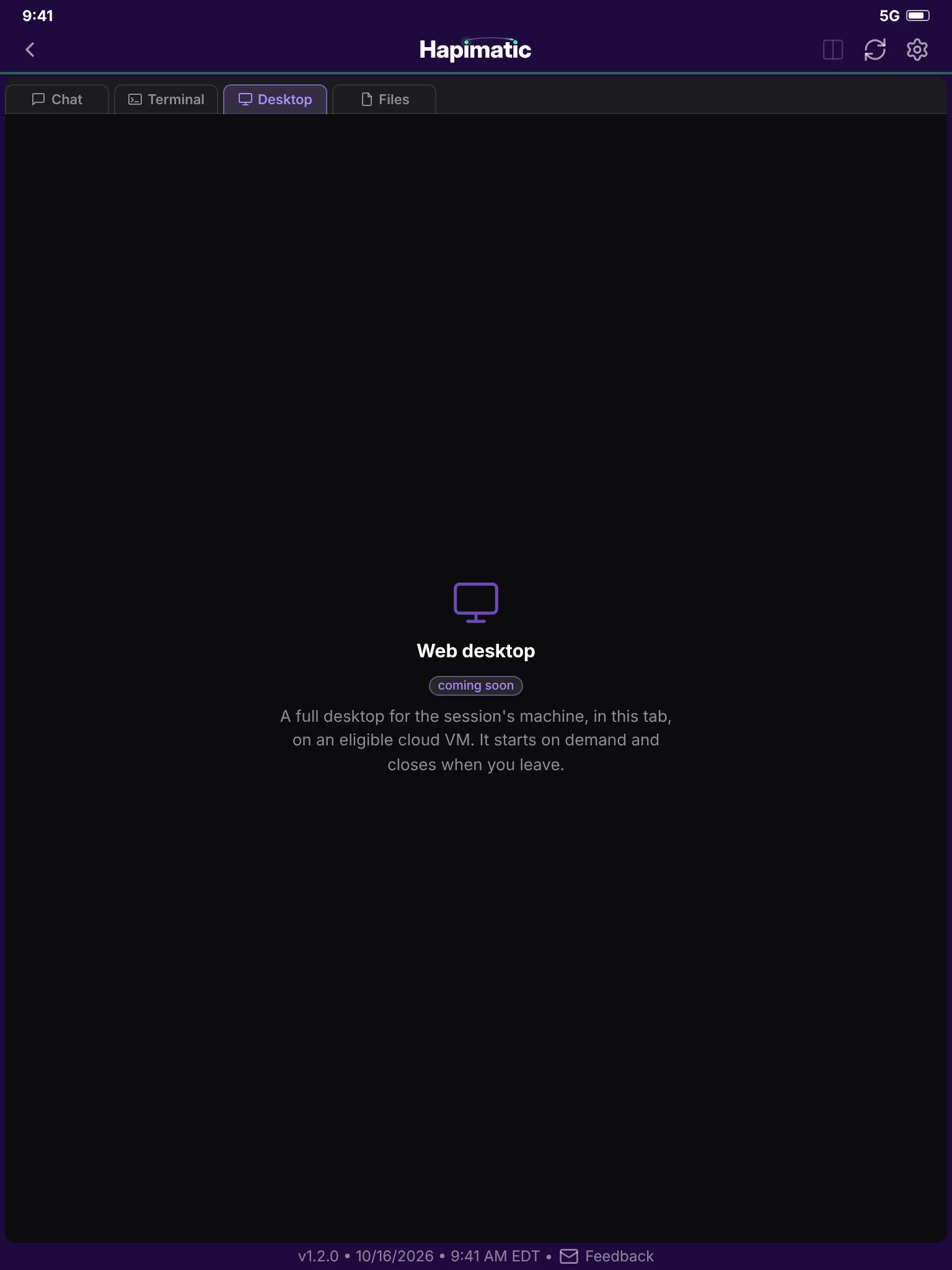 The Desktop tab: a placeholder until the web desktop ships.