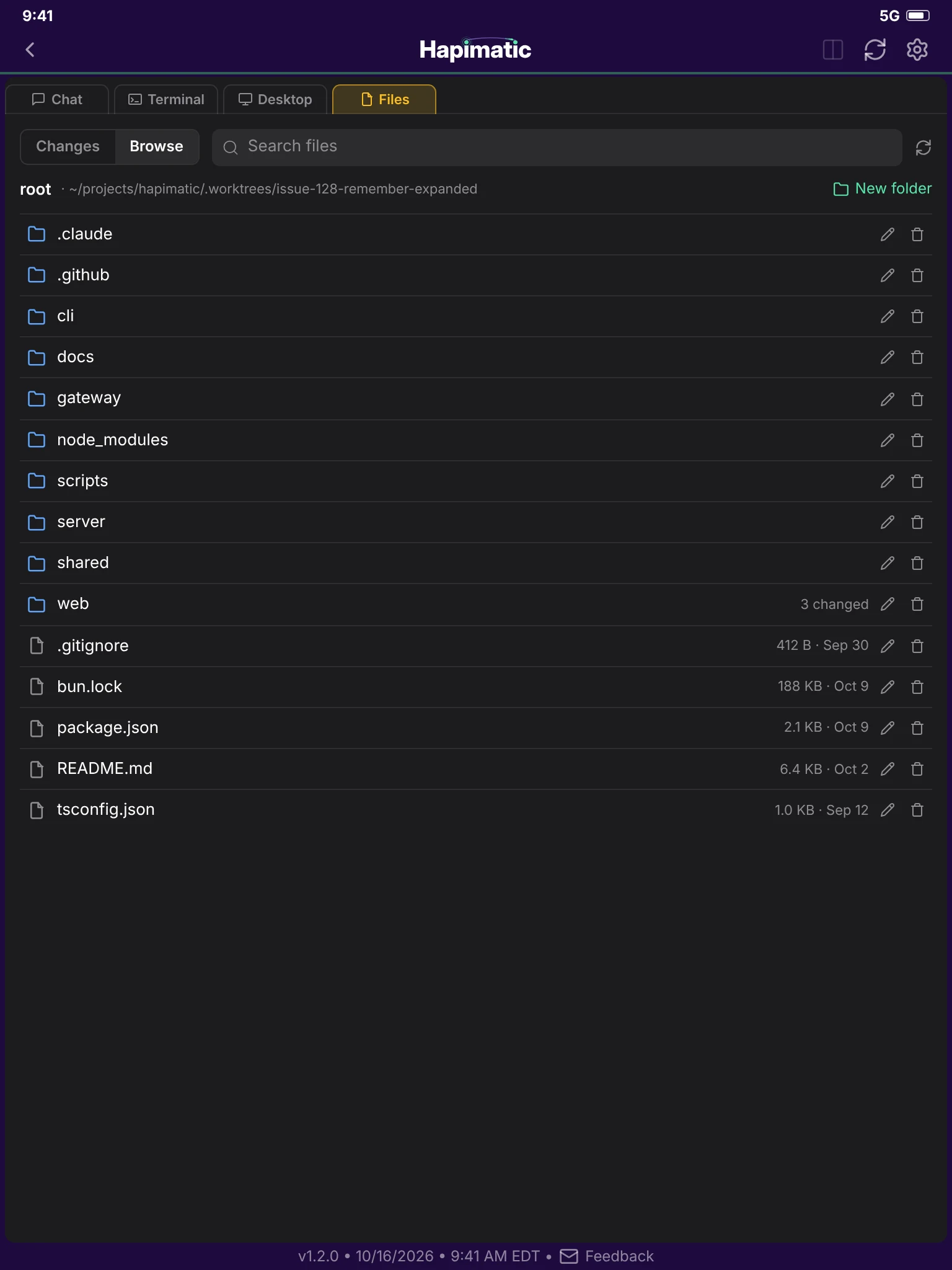 The Files tab, browsing the session's worktree.