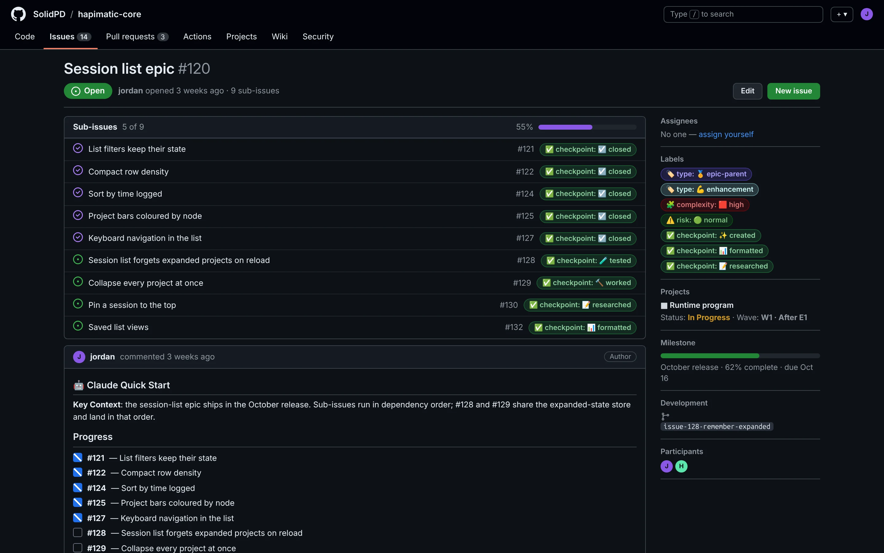 An epic on GitHub with its sub-issues in dependency order, each showing its Issue Workflow state label.