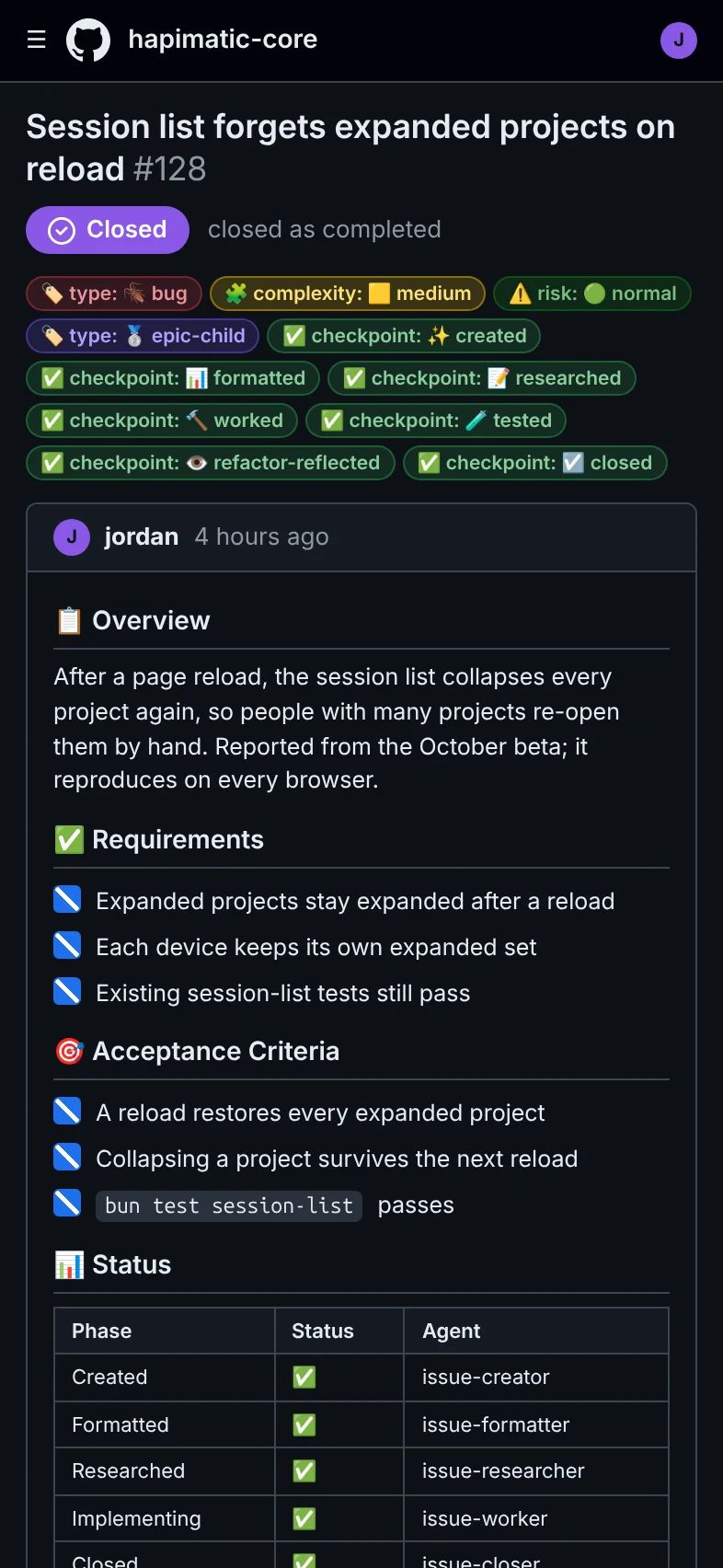 A finished, well-formatted issue on GitHub as an iPhone shows it: the state labels with their emoji, the template body with every box ticked, and the closing summary.