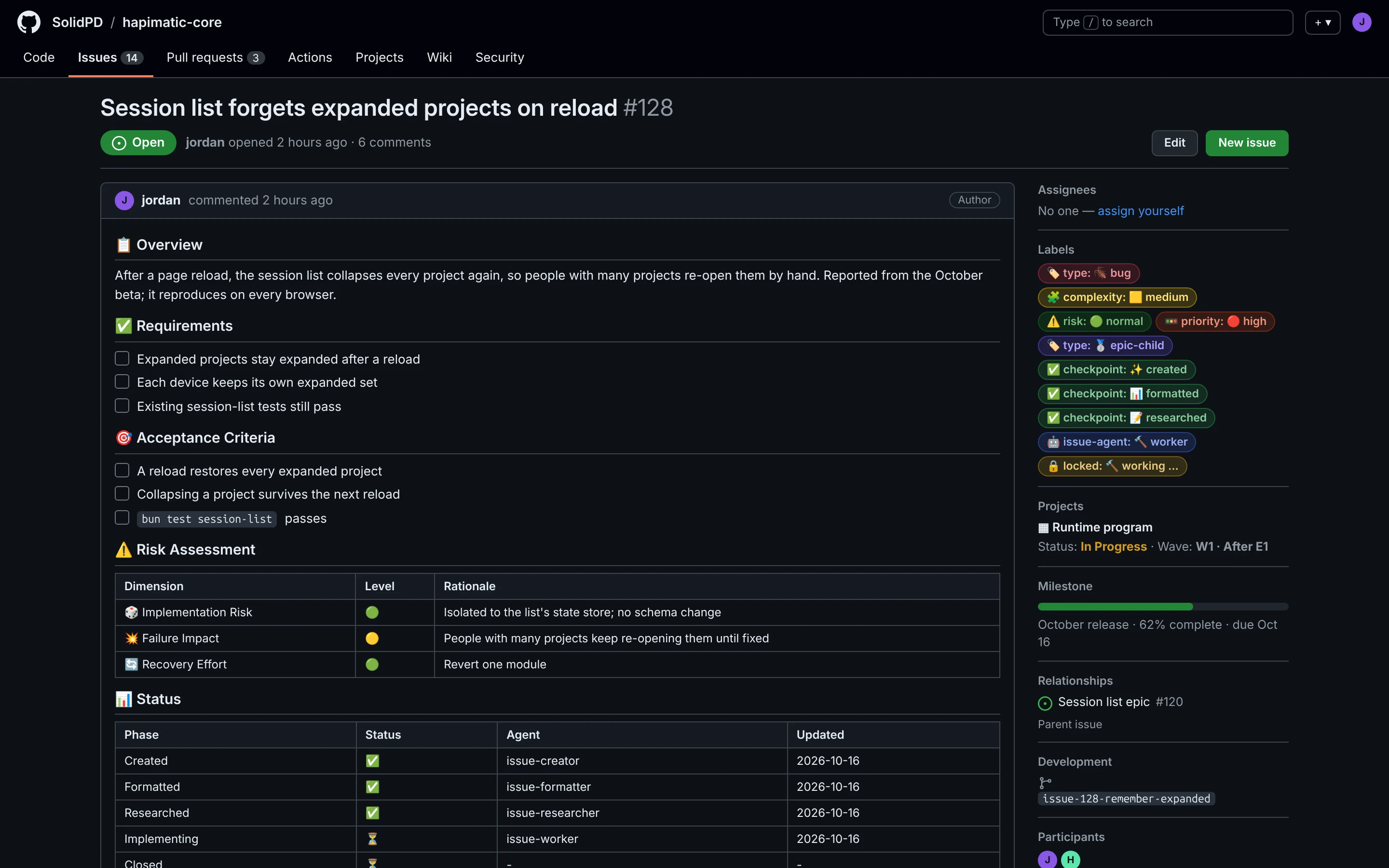 A GitHub issue after the Issue Workflow has formatted and researched it: the template body (overview, requirements, acceptance criteria, risk, and status), the researcher's handoff with its confidence, the state labels with their emoji, the milestone, and the parent epic.
