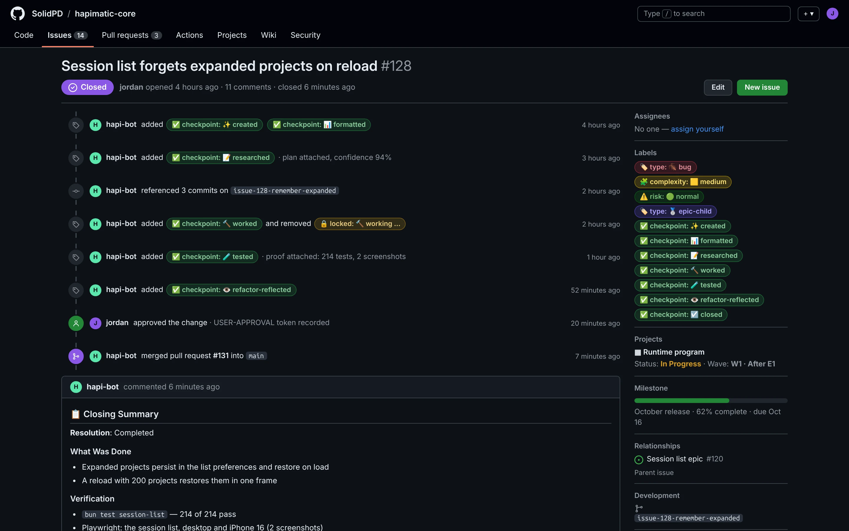 The same issue closed: the timeline on GitHub shows each checkpoint label as it was added, the commits, your approval, the merged pull request, and the closing summary with its evidence.