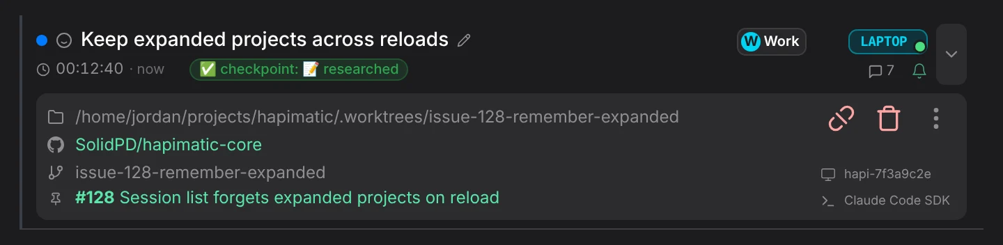 The Hapimatic session header with a linked issue: the issue's current workflow label is shown in the session itself and updates as the issue moves.