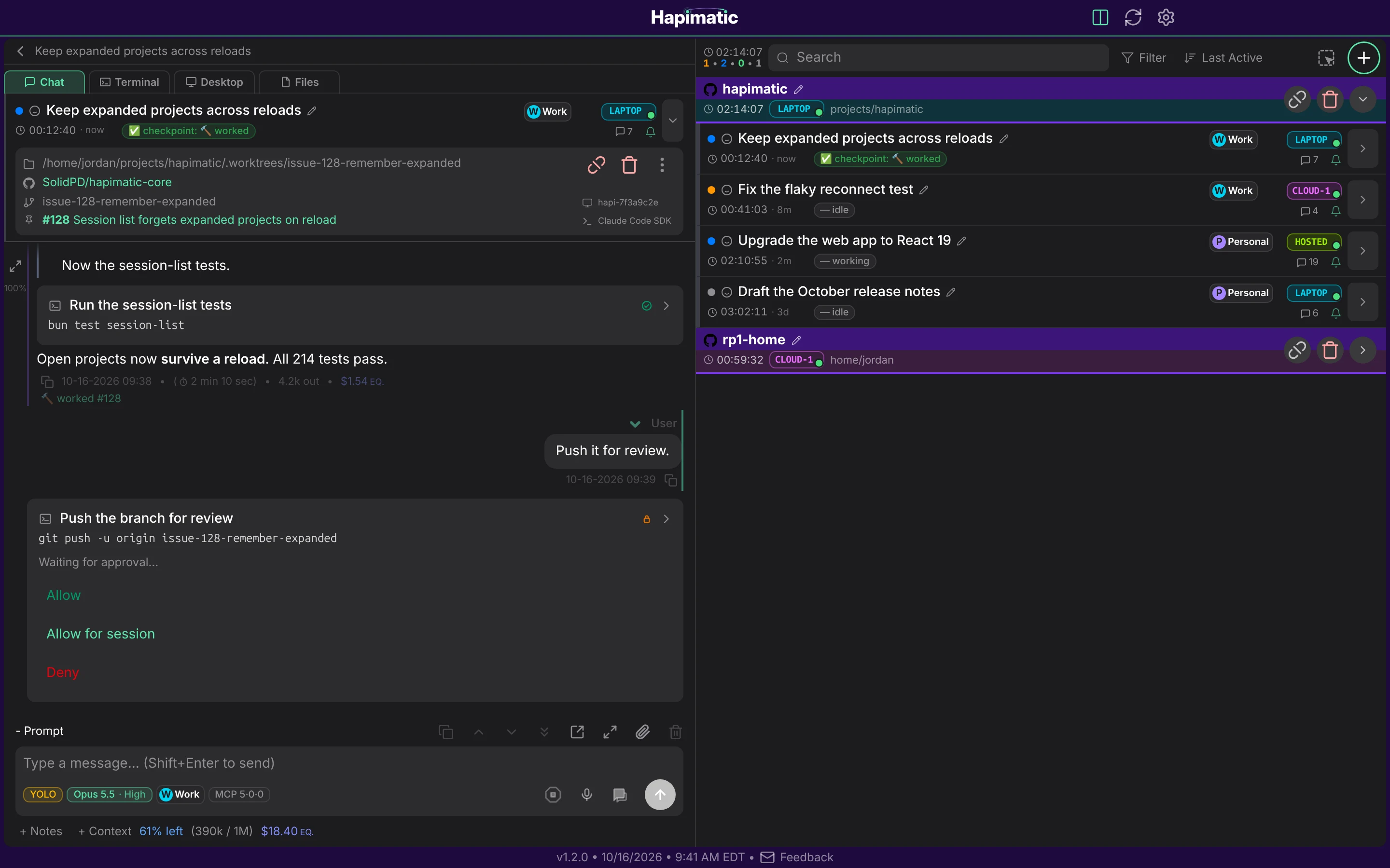 Hapimatic in a desktop browser, split view: one session's chat on the left and the session list on the right.