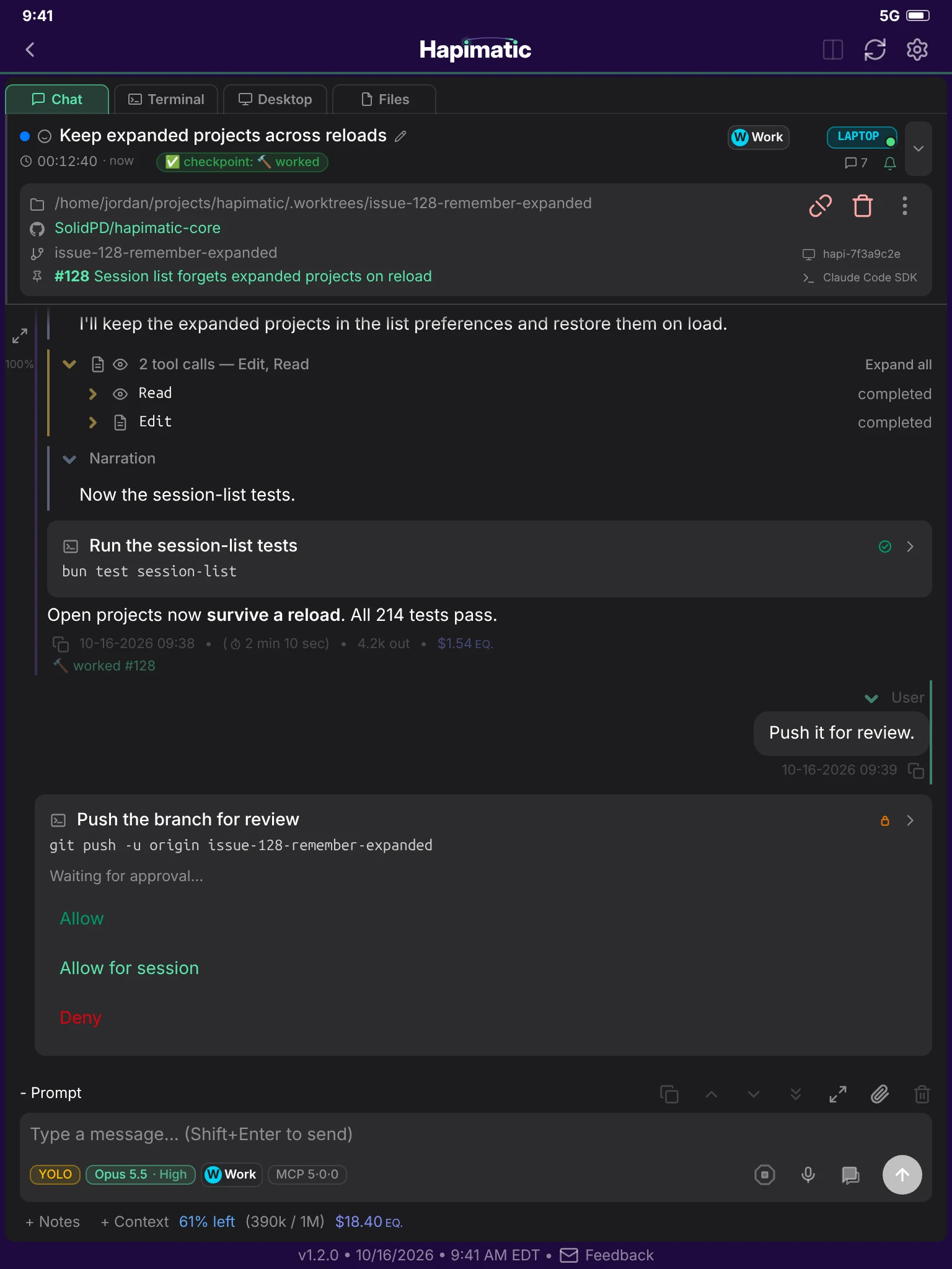 The Chat tab of a session on a tablet: a test run, its result, and a push waiting for approval.