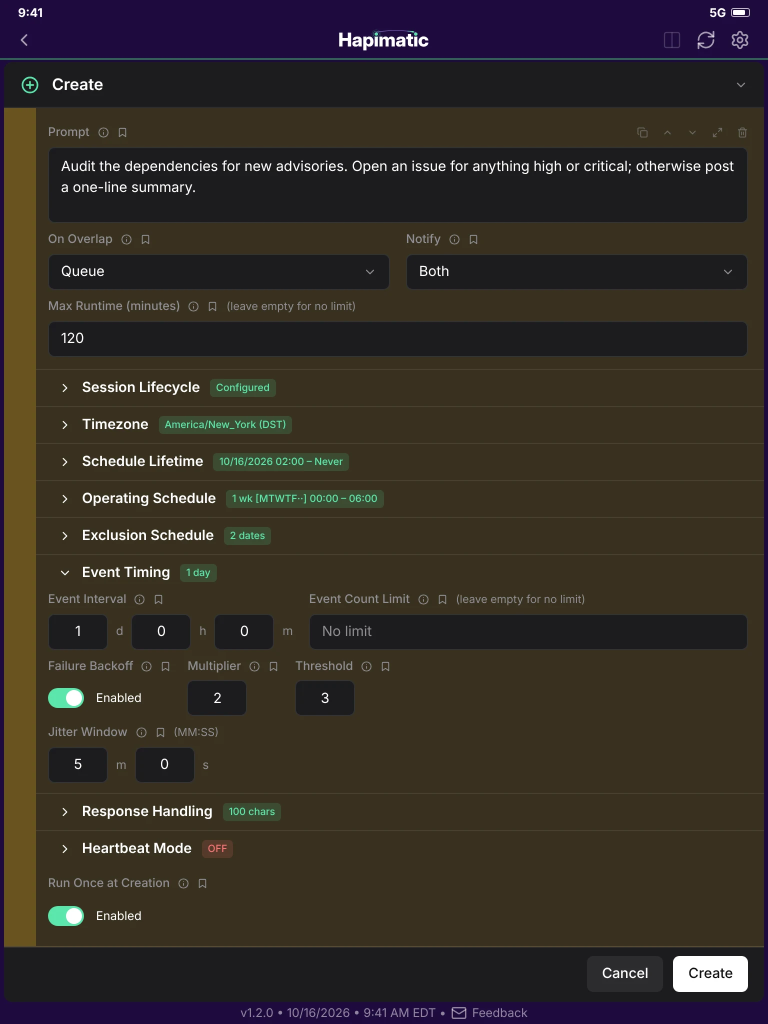 The create page for a scheduled event: its prompt, overlap rule, runtime limit, and schedule.