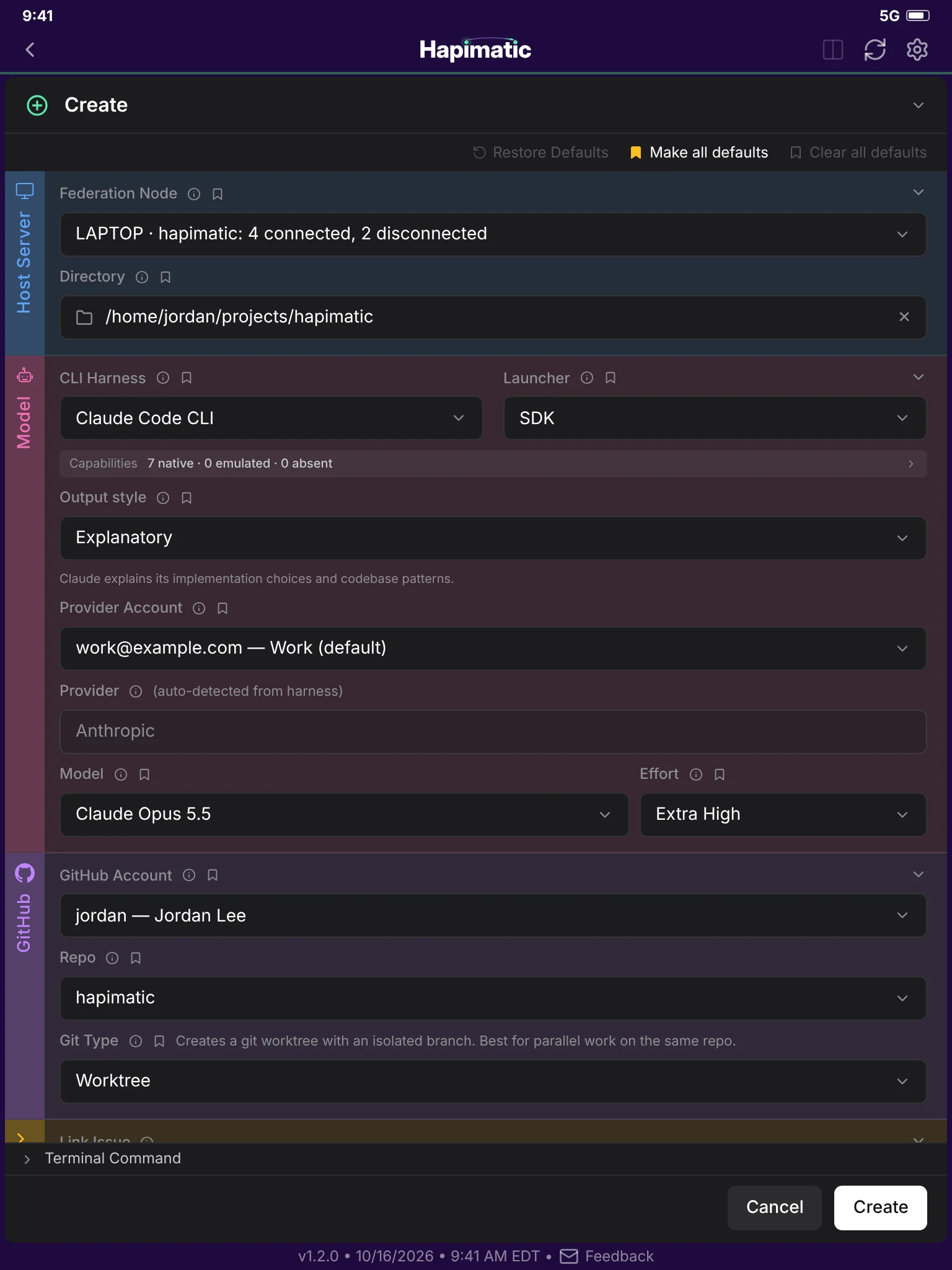 The create page: the host server, the model, the GitHub account and repository, and the session settings.