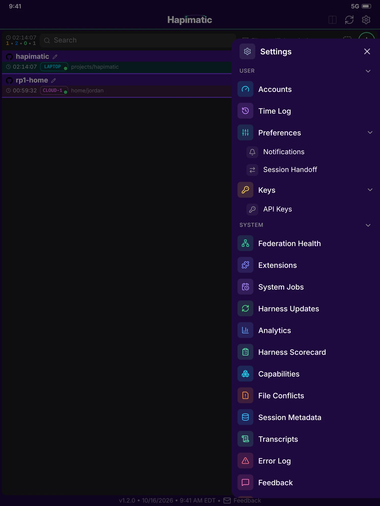 The settings menu over the session list.