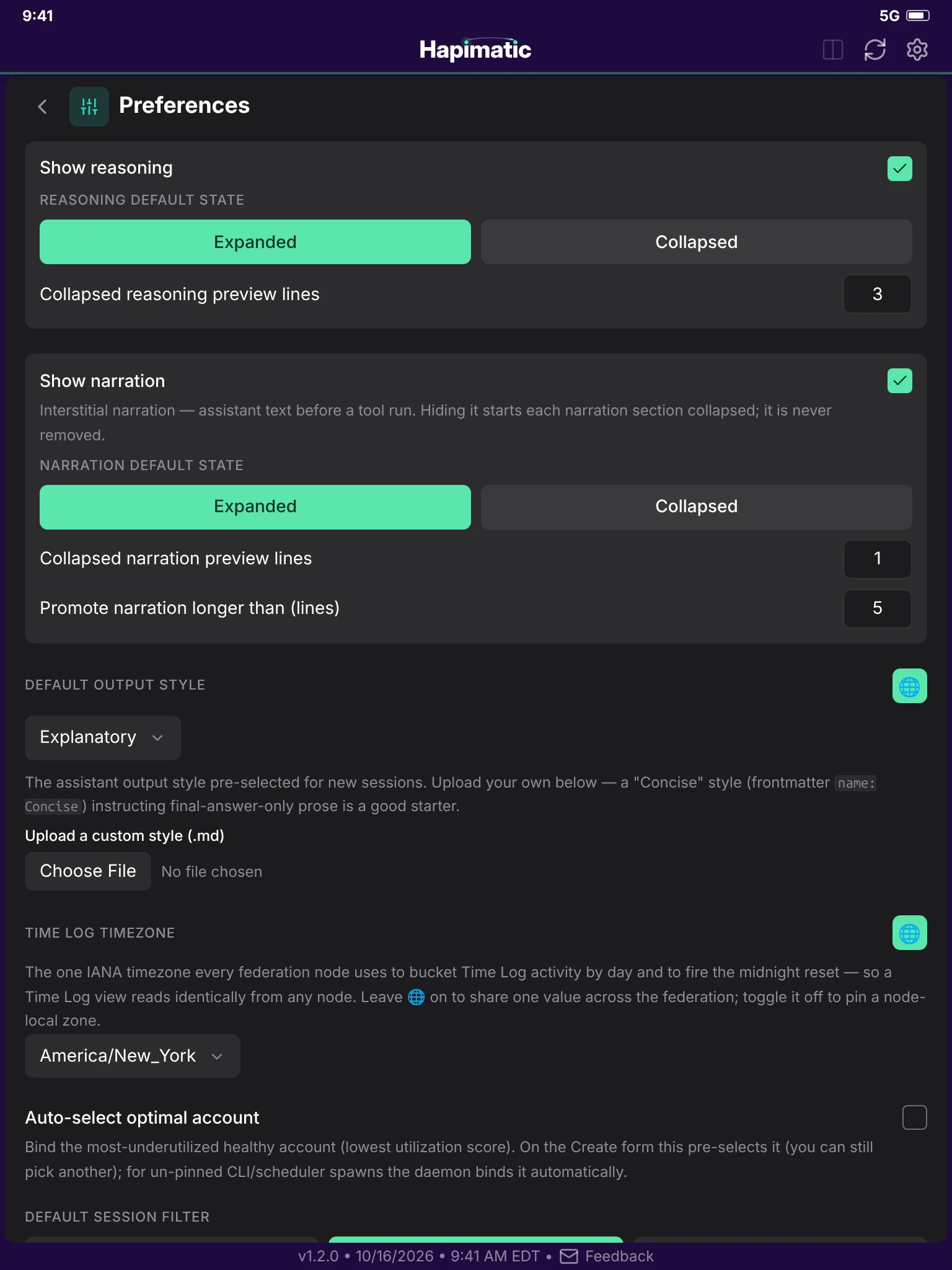 Preferences, continued: the chat sections, the default output style, the Time Log timezone, and account selection.