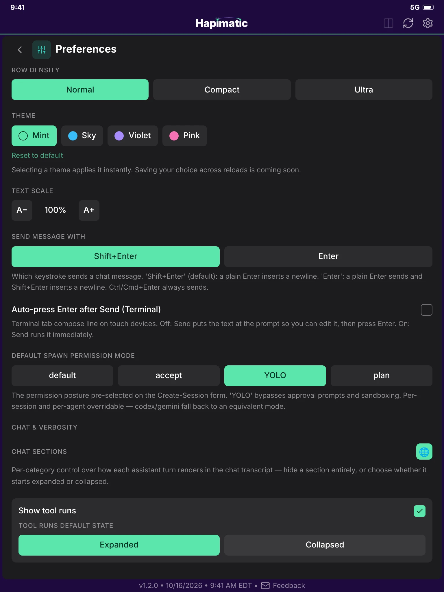 Preferences: row density, theme, text scale, and how the chat renders.