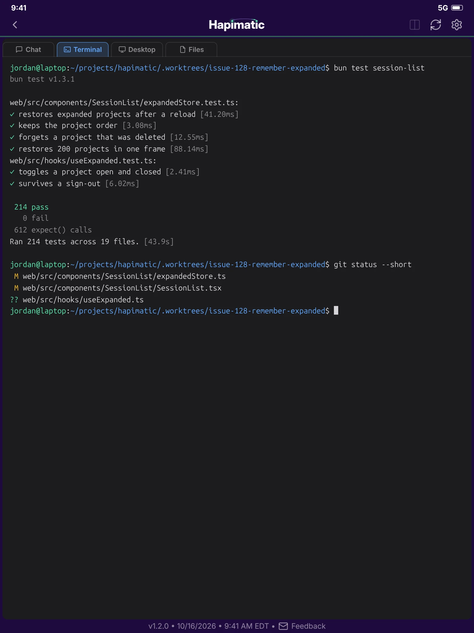 The Terminal tab of the same session, running the session-list tests.