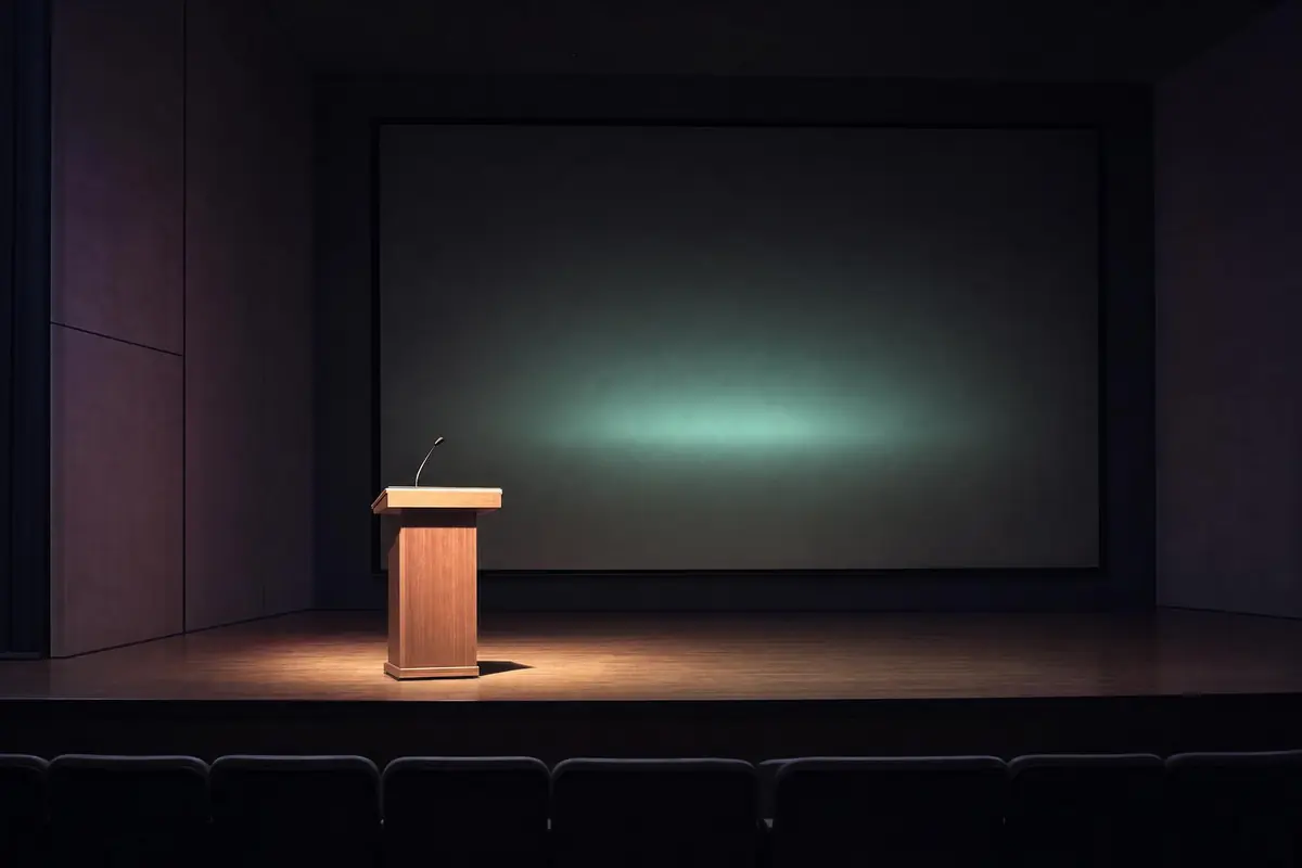 An empty lectern on a lit stage, waiting for the talk