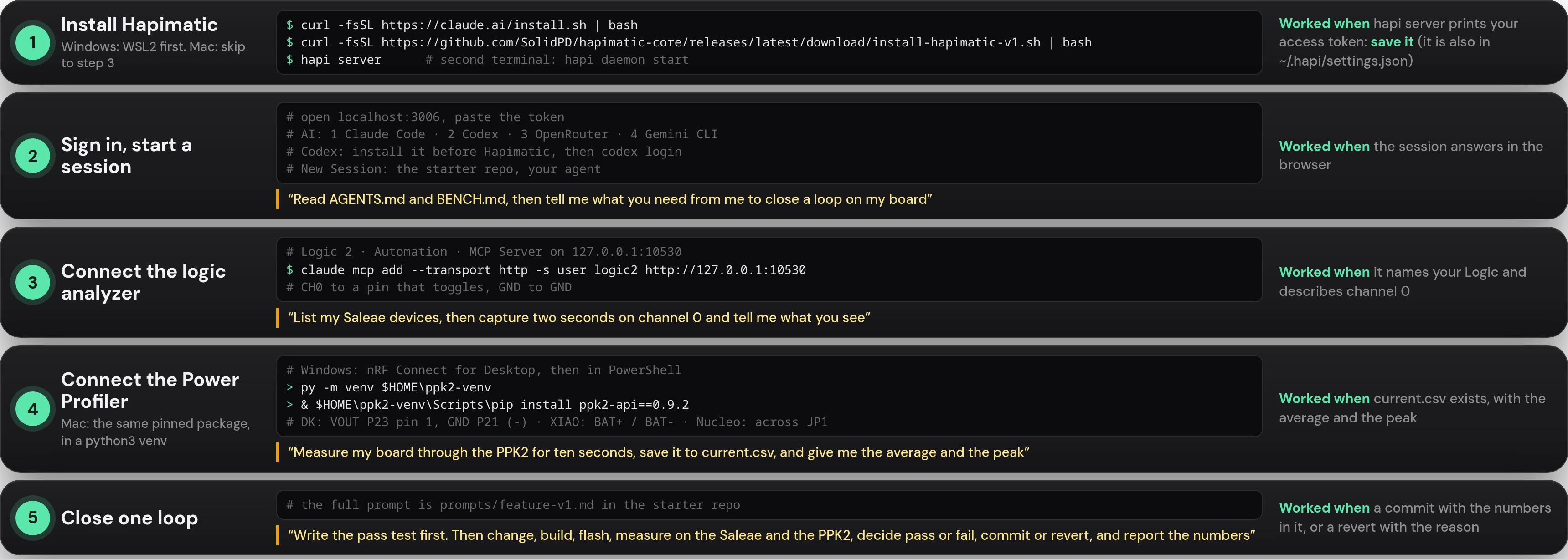 The whole loop on one sheet, five rows. 1 Install Hapimatic (Windows: WSL2 first; Mac: skip to step 3): curl -fsSL https://claude.ai/install.sh | bash; curl -fsSL https://github.com/SolidPD/hapimatic-core/releases/latest/download/install-hapimatic-v1.sh | bash; hapi server, and hapi daemon start in a second terminal; it worked when hapi server prints your access token, which you save; it is also in ~/.hapi/settings.json. 2 Sign in and start a session: open localhost:3006 and paste the token; AI in this order: Claude Code, Codex, OpenRouter, Gemini CLI; Codex is installed before Hapimatic, then codex login; New Session in the starter repo; ask: Read AGENTS.md and BENCH.md, then tell me what you need from me to close a loop on my board; it worked when the session answers. 3 Connect the logic analyzer: Logic 2's Automation, MCP Server on 127.0.0.1:10530; claude mcp add --transport http -s user logic2 http://127.0.0.1:10530; CH0 to a pin that toggles, GND to GND; ask: List my Saleae devices, then capture two seconds on channel 0 and tell me what you see; it worked when it names your Logic and describes channel 0. 4 Connect the Power Profiler: on Windows nRF Connect for Desktop, then in PowerShell py -m venv $HOME\ppk2-venv and & $HOME\ppk2-venv\Scripts\pip install ppk2-api==0.9.2; on a Mac the same pinned package in a python3 venv; DK: VOUT to P23 pin 1, GND to P21 minus; XIAO: BAT+ and BAT-; Nucleo: across JP1; ask: Measure my board through the PPK2 for ten seconds, save it to current.csv, and give me the average and the peak; it worked when current.csv exists with the average and the peak. 5 Close one loop: the full prompt is prompts/feature-v1.md in the starter repo; Write the pass test first, then change, build, flash, measure on the Saleae and the PPK2, decide pass or fail, commit or revert, and report the numbers; it worked when there is a commit with the numbers in it, or a revert with the reason