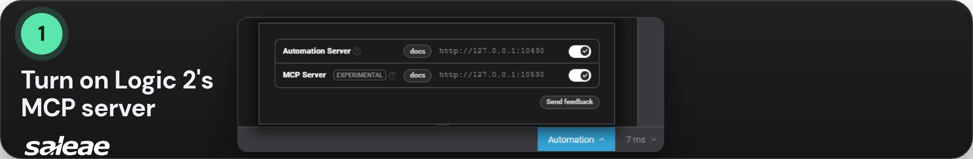 Logic 2's Automation panel with MCP Server switched on at http://127.0.0.1:10530