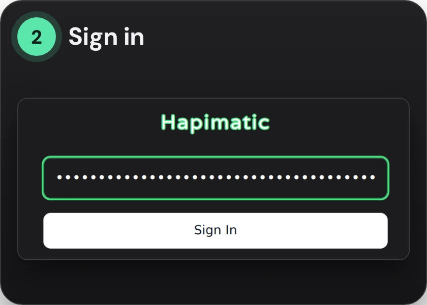 Hapimatic's sign-in page with the access token pasted in, shown as dots