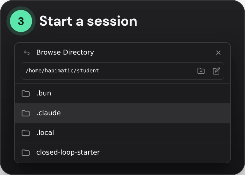 New Session's folder picker, with the starter repo, closed-loop-starter, in the list