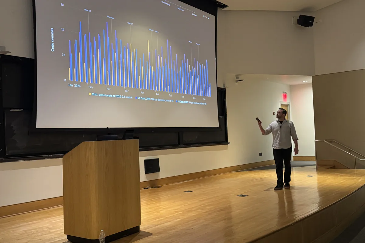Matt Starfield on stage, pointing to a projected chart of code commits per week
